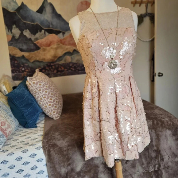 Eva Franco Sugarberry Sequin Lace Mini Dress Size 8 Blush Pink Hand-Embellished - Picture 6 of 16